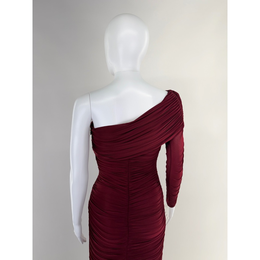 Ronny Kobo Ruched One Shoulder Long Sleeve Midi Dress Burgundy Size S - Picture 5 of 10
